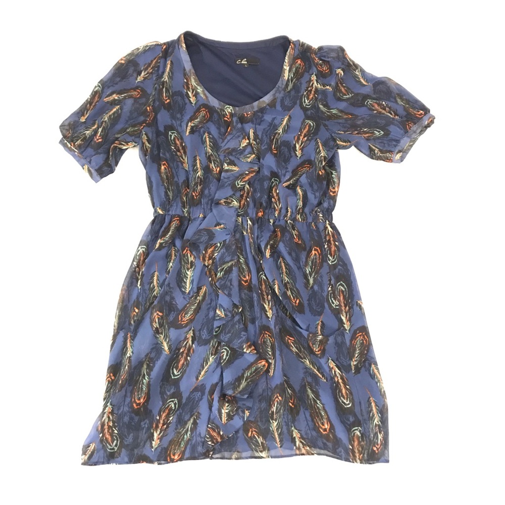 Blue feather print C. Luce dress w/front ruffle